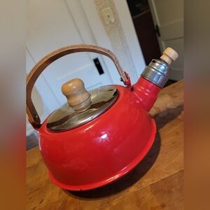Vintage 1987 Monaco Collection Red Enamel Metal Teapot Kettle With Wood Handle